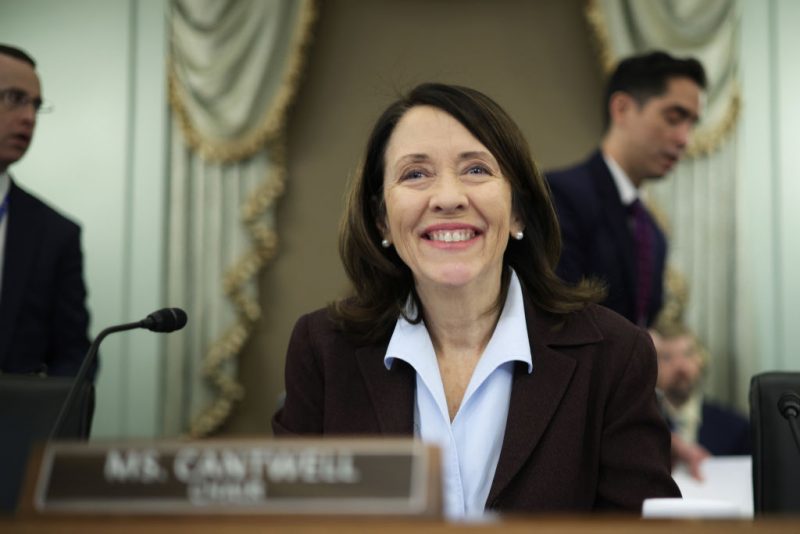 WASHINGTON, DC - FEBRUARY 09: Committee Chairman Sen. Maria Cantwell (D-WA) waits for the beginning of a hearing before Senate Commerce, Science and Transportation Committee at Russell Senate Office Building on Capitol Hill February 9, 2023 in Washington, DC. The committee held a hearing on "Strengthening Airline Operations and Consumer Protections" to examine Southwest Airlines’ December holiday meltdown that affected thousands of passengers. (Photo by Alex Wong/Getty Images)