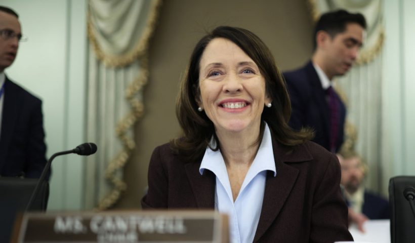 WASHINGTON, DC - FEBRUARY 09: Committee Chairman Sen. Maria Cantwell (D-WA) waits for the beginning of a hearing before Senate Commerce, Science and Transportation Committee at Russell Senate Office Building on Capitol Hill February 9, 2023 in Washington, DC. The committee held a hearing on "Strengthening Airline Operations and Consumer Protections" to examine Southwest Airlines’ December holiday meltdown that affected thousands of passengers. (Photo by Alex Wong/Getty Images)