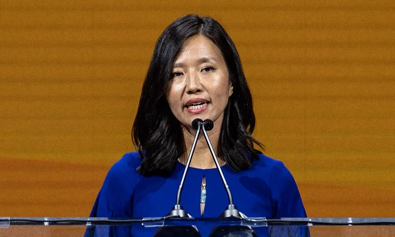 Boston Mayor Michelle Wu speaks at the Public Mass Meeting of the 114th National Association for the Advancement of Colored People (NAACP) National Convention in Boston, Massachusetts, on July 29, 2023. (Photo by Joseph Prezioso / AFP) (Photo by JOSEPH PREZIOSO/AFP via Getty Images)