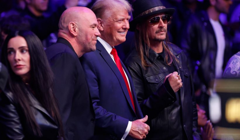 NEW YORK, NEW YORK - NOVEMBER 11: Former U.S. President Donald Trump, UFC president Dana White, and Kid Rock pose fora photo during the UFC 295 event at Madison Square Garden on November 11, 2023 in New York City. (Photo by Sarah Stier/Getty Images)
