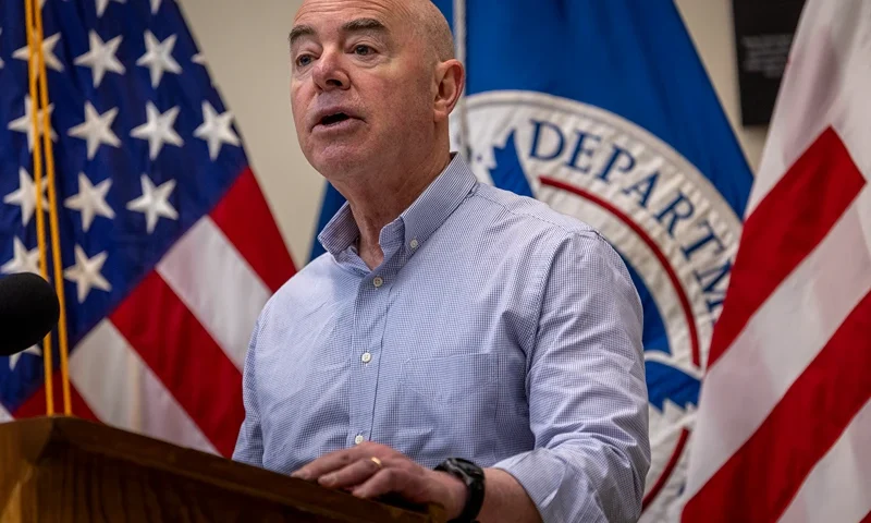 U.S. Department of Homeland Security Secretary Alejandro Mayorkas holds a press conference at a U.S. Border Patrol station on January 08, 2024 in Eagle Pass, Texas. Mayorkas visited Texas border areas where large numbers of migrants had been crossing over the Rio Grande from Mexico just weeks before. The number has recently dropped dramatically, according to Mayorkas since the Mexican government ramped up enforcement actions, slowing many migrants from reaching the U.S. southern border. (Photo by John Moore/Getty Images)