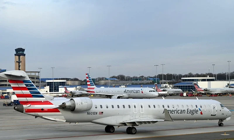 An American Eagle Airlines Mitsubishi CRJ-900LR aircraft taxis in Charlotte Douglas International Airport (CLT) in Charlotte, North Carolina, on February 10, 2024. (Photo by Daniel SLIM / AFP) (Photo by DANIEL SLIM/AFP via Getty Images)
