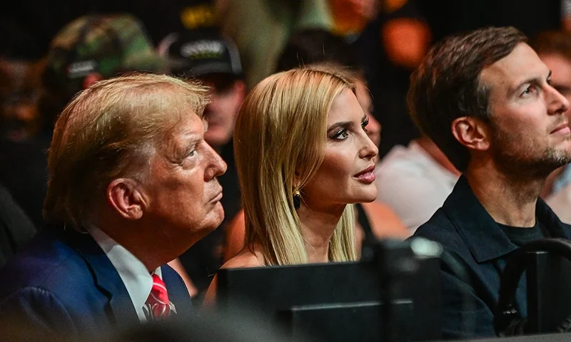 Former US President Donald Trump (L), his daughter Ivanka Trump (C) and her husband Jared Kushner attend the Ultimate Fighting Championship (UFC) 299 mixed martial arts event at the Kaseya Center in Miami, Florida on March 9, 2024. (Photo by GIORGIO VIERA / AFP) (Photo by GIORGIO VIERA/AFP via Getty Images)