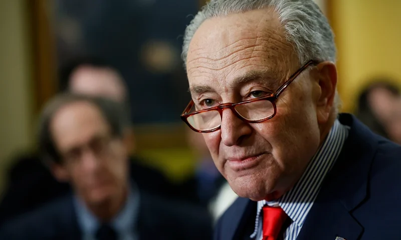 U.S. Senate Majority Leader Chuck Schumer (D-NY) speaks to reporters after the weekly Senate Democrats caucus policy luncheon at the U.S. Capitol on March 12, 2024 in Washington, DC. Senate Democrats spoke to reporters on a range of topics including U.S. President Joe Biden's Fiscal Year 2025 Budge Proposal. (Photo by Anna Moneymaker/Getty Images)