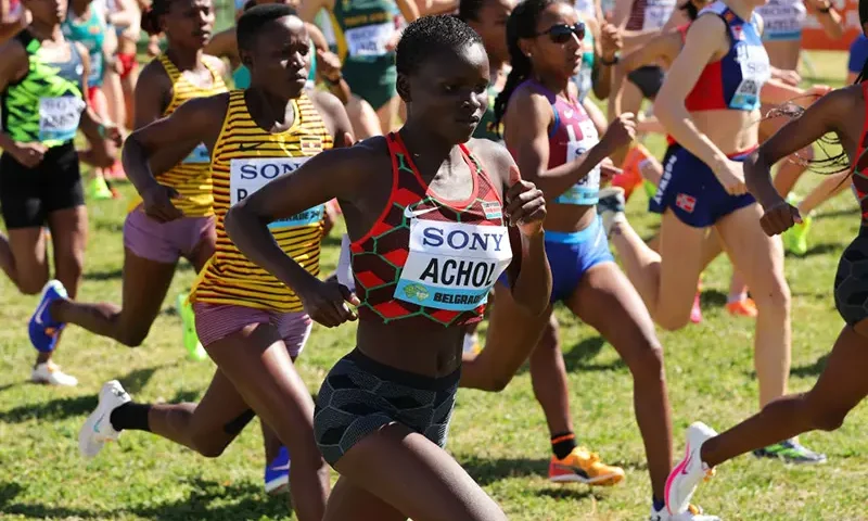 Emmaculate Anyango Achol of Kenya competes in the Senior Women's Final during the World Athletics Cross Country finals Championships at The Park of Friendship on March 30, 2024 in Belgrade, Serbia. (Photo by Srdjan Stevanovic/Getty Images for World Athletics)