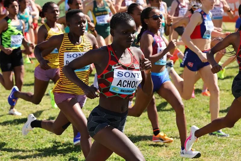 Emmaculate Anyango Achol of Kenya competes in the Senior Women's Final during the World Athletics Cross Country finals Championships at The Park of Friendship on March 30, 2024 in Belgrade, Serbia. (Photo by Srdjan Stevanovic/Getty Images for World Athletics)