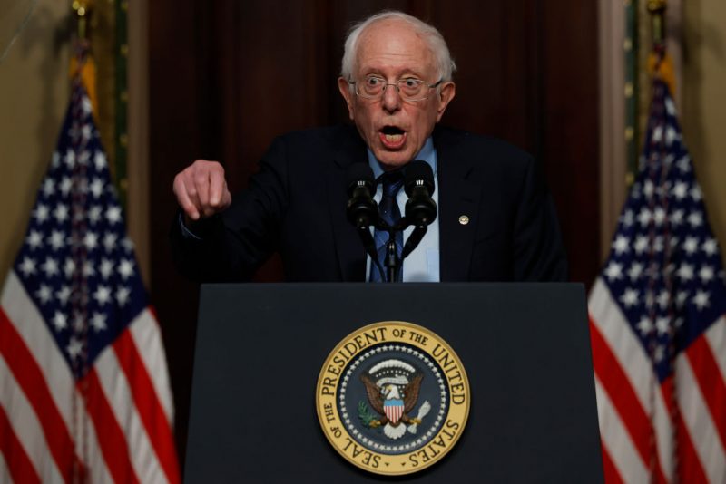 WASHINGTON, DC - APRIL 03: Senate Health, Education, Labor and Pensions Committee Chairman Bernie Sanders (I-VT) talks about lowering health care costs during an event highlighting the Biden administration's work to lower the cost of breathing treatments for asthma and COPD patients in the Indian Treaty Room in the Eisenhower Executive Office Building on April 03, 2024 in Washington, DC. "Finally, we beat big pharma," President Joe Biden said to Sanders who he credits with helping lower the cost of asthma inhalers from three of the four top companies to just $35 per month starting in June. (Photo by Chip Somodevilla/Getty Images)