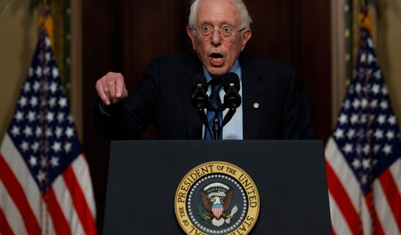 WASHINGTON, DC - APRIL 03: Senate Health, Education, Labor and Pensions Committee Chairman Bernie Sanders (I-VT) talks about lowering health care costs during an event highlighting the Biden administration's work to lower the cost of breathing treatments for asthma and COPD patients in the Indian Treaty Room in the Eisenhower Executive Office Building on April 03, 2024 in Washington, DC. "Finally, we beat big pharma," President Joe Biden said to Sanders who he credits with helping lower the cost of asthma inhalers from three of the four top companies to just $35 per month starting in June. (Photo by Chip Somodevilla/Getty Images)