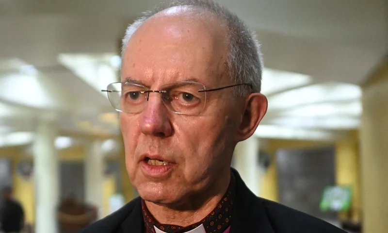 Archbishop of Canterbury Justin Welby speaks during a visit to the tomb of Oscar Arnulfo Romero in San Salvador on June 4, 2024. The leader of the Anglican Church and Archbishop of Canterbury, Justin Welby, said Tuesday that the assassinated Salvadoran Archbishop Oscar Arnulfo Romero, canonized in 2018, is an inspiration to fight against injustice after visiting his tomb in San Salvador. (Photo by Marvin RECINOS / AFP) (Photo by MARVIN RECINOS/AFP via Getty Images)