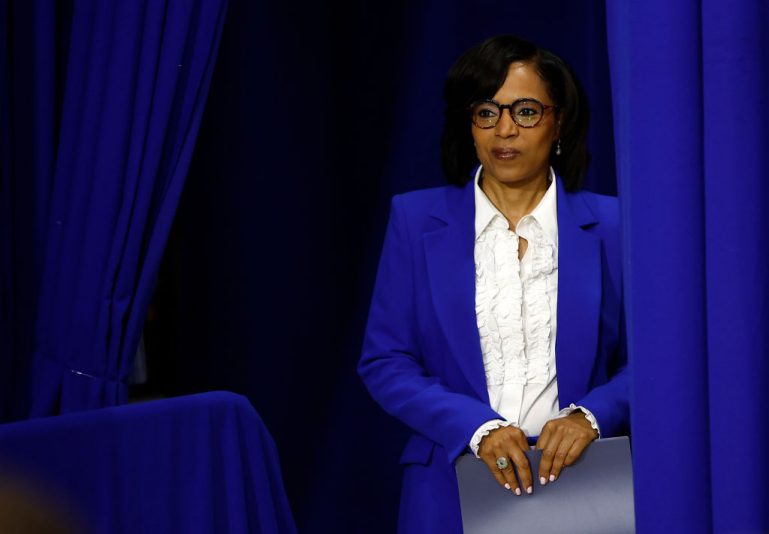 COLLEGE PARK, MARYLAND - JUNE 24: Maryland U.S. Senate Democratic candidate Angela Alsobrooks waits to take the stage to speak before Vice President Kamala Harris takes the stage to deliver remarks on reproductive rights at Ritchie Coliseum on the campus of the University of Maryland on June 24, 2024 in College Park, Maryland. Harris is speaking on the two year anniversary of the Dobbs decision, the Supreme Court ruling that overturned Roe v. Wade and struck down federal abortion protections. (Photo by Kevin Dietsch/Getty Images)