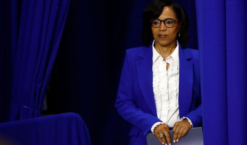 COLLEGE PARK, MARYLAND - JUNE 24: Maryland U.S. Senate Democratic candidate Angela Alsobrooks waits to take the stage to speak before Vice President Kamala Harris takes the stage to deliver remarks on reproductive rights at Ritchie Coliseum on the campus of the University of Maryland on June 24, 2024 in College Park, Maryland. Harris is speaking on the two year anniversary of the Dobbs decision, the Supreme Court ruling that overturned Roe v. Wade and struck down federal abortion protections. (Photo by Kevin Dietsch/Getty Images)
