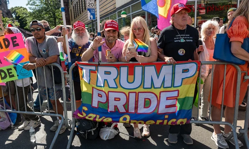 NEW YORK, NEW YORK - JUNE 28: Supporters of Donald Trump gather outside of the Stonewall Inn as President Joe Biden's motorcade passes by during his visit to the historic LGBTQIA+ bar to mark the 55th anniversary of the riots on June 28, 2024 in New York City. Biden, coming off of his debate with Donald Trump last night, also visited for the opening day of the Stonewall National Monument Visitor Center. The Stonewall Inn was where on June 28, 1969 the Stonewall Rebellion took place where gay and lesbian New Yorkers faced off with police which is now viewed as an act of resilience for the LGBTQIA+ community. (Photo by Spencer Platt/Getty Images)