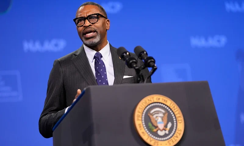 Derrick Johnson, President of the NAACP, introduces US President Joe Biden (off frame) at the 115th National Association for the Advancement of Colored People (NAACP) National Convention in in Las Vegas, Nevada, on July 16, 2024. (Photo by Kent Nishimura / AFP) (Photo by KENT NISHIMURA/AFP via Getty Images)