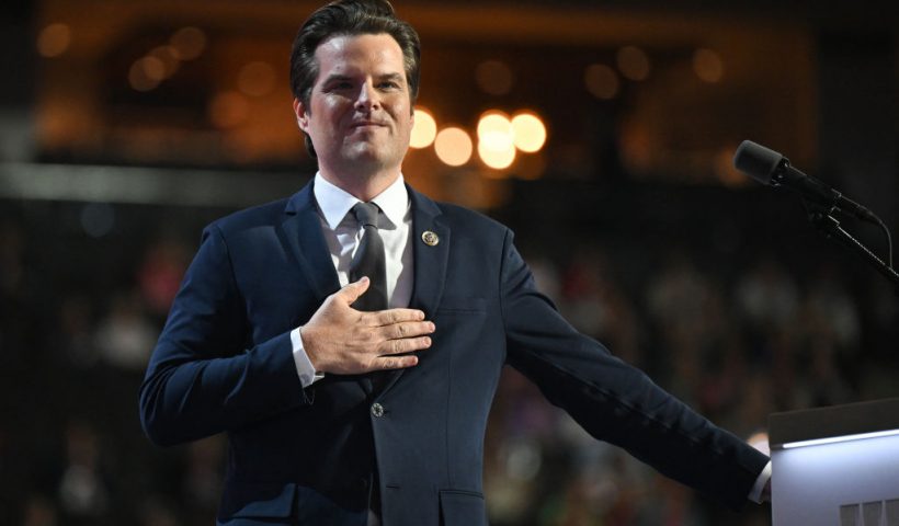 US Representative from Florida Matt Gaetz speaks during the third day of the 2024 Republican National Convention at the Fiserv Forum in Milwaukee, Wisconsin, on July 17, 2024. Days after he survived an assassination attempt Donald Trump won formal nomination as the Republican presidential candidate and picked Ohio US Senator J.D. Vance for running mate. (Photo by Patrick T. Fallon / AFP) (Photo by PATRICK T. FALLON/AFP via Getty Images)