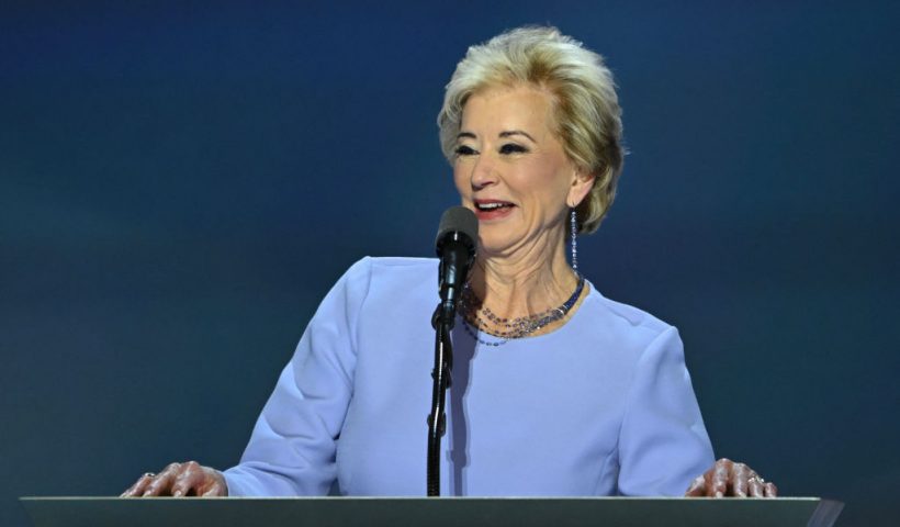 Former administrator of the Small Business Administration Linda McMahon speaks during the last day of the 2024 Republican National Convention at the Fiserv Forum in Milwaukee, Wisconsin, on July 18, 2024. Donald Trump will get a hero's welcome Thursday as he accepts the Republican Party's nomination to run for US president in a speech capping a convention dominated by the recent attempt on his life. (Photo by ANDREW CABALLERO-REYNOLDS / AFP) (Photo by ANDREW CABALLERO-REYNOLDS/AFP via Getty Images)