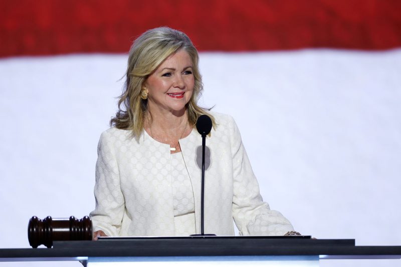 MILWAUKEE, WISCONSIN - JULY 15: Chair Committee on Platform, U.S. Sen. Marsha Blackburn (R-TN) speaks on the first day of the Republican National Convention at the Fiserv Forum on July 15, 2024 in Milwaukee, Wisconsin. Delegates, politicians, and the Republican faithful are in Milwaukee for the annual convention, concluding with former President Donald Trump accepting his party's presidential nomination. The RNC takes place from July 15-18. (Photo by Chip Somodevilla/Getty Images)