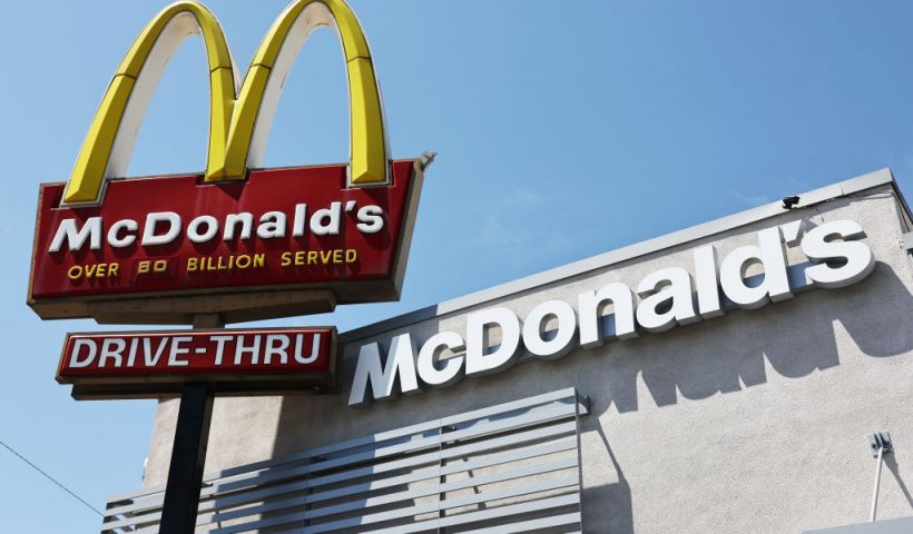 BURBANK, CALIFORNIA - JULY 22: The McDonald's logo is displayed at a McDonald's restaurant on July 22, 2024 in Burbank, California. McDonald’s is extending its $5 meal deal in most U.S. restaurants past its initial four-week offering with the fast-food icon saying the offer has driven customers back to its restaurants. (Photo by Mario Tama/Getty Images)