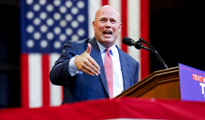 BOZEMAN, MONTANA - AUGUST 9: Former U.S. Attorney General Matthew Whitaker speaks during a rally for Republican presidential nominee, former U.S. President Donald Trump at the Brick Breeden Fieldhouse at Montana State University on August 9, 2024 in Bozeman, Montana. (Photo by Michael Ciaglo/Getty Images)