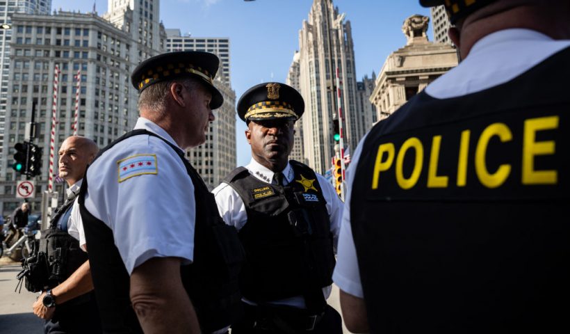 CHICAGO, ILLINOIS - AUGUST 18: Chicago Police Superintendent Larry Snelling (C) observes a protest ahead of the Democratic National Convention on August 18, 2024 in Chicago, Illinois. Multiple protests are planned during the DNC, which is being held at the United Center from August 19-22. (Photo by John Moore/Getty Images)