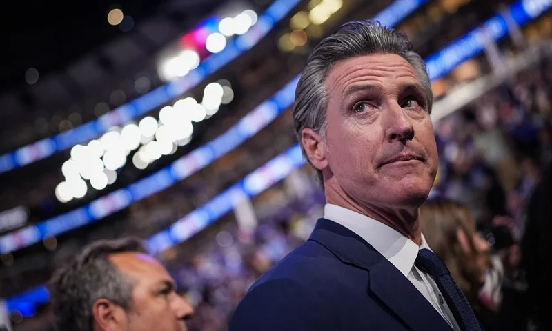 CHICAGO, ILLINOIS - AUGUST 20: California Gov. Gavin Newsom looks on during the second day of the Democratic National Convention at the United Center on August 20, 2024 in Chicago, Illinois. Delegates, politicians, and Democratic Party supporters are gathering in Chicago, as current Vice President Kamala Harris is named her party's presidential nominee. The DNC takes place from August 19-22. (Photo by Andrew Harnik/Getty Images)