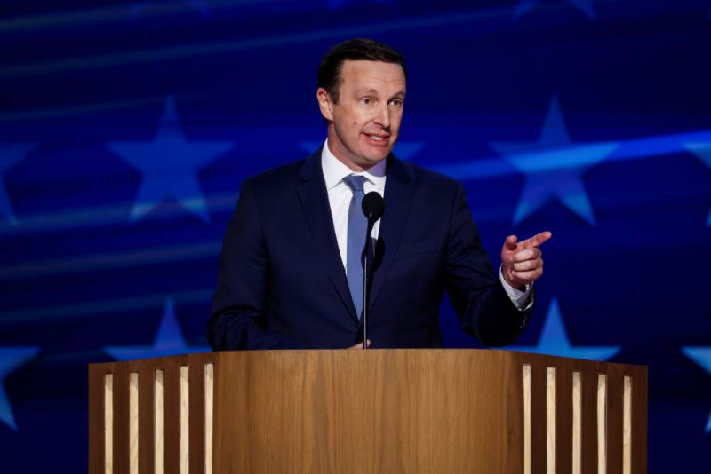 CHICAGO, ILLINOIS - AUGUST 21: U.S. Sen. Chris Murphy (D-CT) speaks on stage during the third day of the Democratic National Convention at the United Center on August 21, 2024 in Chicago, Illinois. Delegates, politicians, and Democratic Party supporters are in Chicago for the convention, concluding with current Vice President Kamala Harris accepting her party's presidential nomination. The DNC takes place from August 19-22. (Photo by Chip Somodevilla/Getty Images)