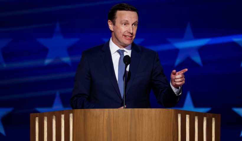 CHICAGO, ILLINOIS - AUGUST 21: U.S. Sen. Chris Murphy (D-CT) speaks on stage during the third day of the Democratic National Convention at the United Center on August 21, 2024 in Chicago, Illinois. Delegates, politicians, and Democratic Party supporters are in Chicago for the convention, concluding with current Vice President Kamala Harris accepting her party's presidential nomination. The DNC takes place from August 19-22. (Photo by Chip Somodevilla/Getty Images)