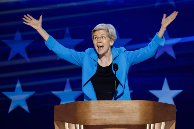CHICAGO, ILLINOIS - AUGUST 22: U.S. Sen. Elizabeth Warren (D-MA) speaks on stage during the final day of the Democratic National Convention at the United Center on August 22, 2024 in Chicago, Illinois. Delegates, politicians, and Democratic Party supporters are gathering in Chicago, as current Vice President Kamala Harris is named her party's presidential nominee. The DNC takes place from August 19-22. (Photo by Chip Somodevilla/Getty Images)