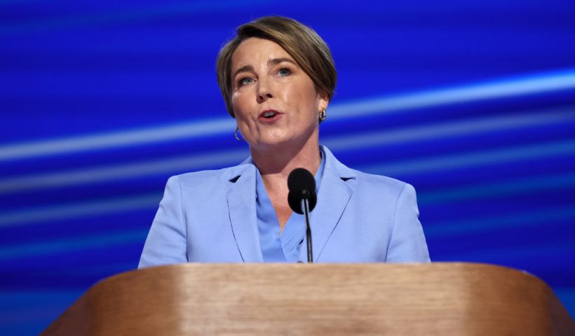 CHICAGO, ILLINOIS - AUGUST 22: Massachusetts Gov. Maura Healey speaks on stage during the final day of the Democratic National Convention at the United Center on August 22, 2024 in Chicago, Illinois. Delegates, politicians, and Democratic Party supporters are gathering in Chicago, as current Vice President Kamala Harris is named her party's presidential nominee. The DNC takes place from August 19-22. (Photo by Justin Sullivan/Getty Images)