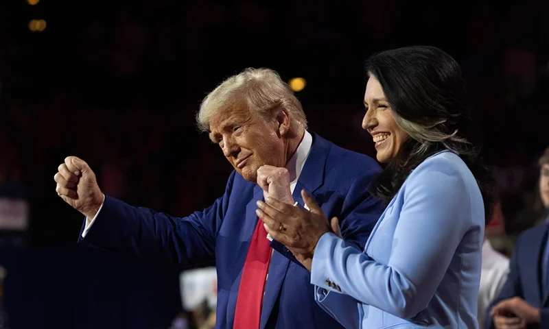 LA CROSSE, WISCONSIN - AUGUST 29: Republican presidential nominee, former U.S. President Donald Trump holds a town hall campaign event with former U.S. Rep. Tulsi Gabbard (I-HI) on August 29, 2024 in La Crosse, Wisconsin. Trump is campaigning in key battleground states ahead of the November presidential election. (Photo by Scott Olson/Getty Images)