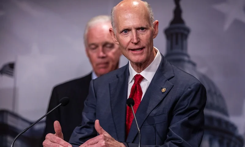 U.S. Sen. Rick Scott (R-FL) speaks to reporters on the Safeguard American Voter Eligibility (SAVE) Act at the U.S. Capitol on September 11, 2024 in Washington, DC. The legislation would introduce more proof-of-citizenship requirements for Americans voting in federal elections. (Photo by Anna Rose Layden/Getty Images)
