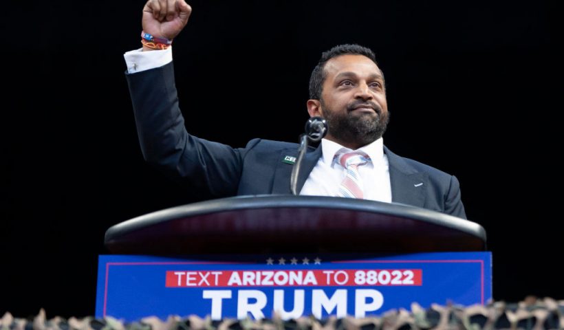 PRESCOTT VALLEY, ARIZONA - OCTOBER 13: Former Chief of Staff to the U.S. Secretary of Defense Kash Patel speaks during a campaign rally for U.S. Republican presidential nominee, former President Donald Trump at Findlay Toyota Center on October 13, 2024 in Prescott Valley, Arizona. With 22 days to go until election day, former President Donald Trump is campaigning in the battleground state Arizona. (Photo by Rebecca Noble/Getty Images)