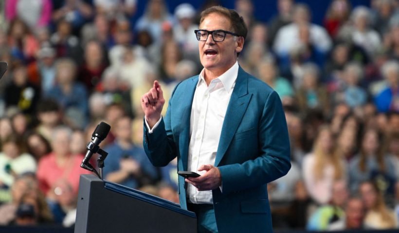 Entrepreneur Mark Cuban speaks at a campaign event for US Vice President Democratic presidential nominee Kamala Harris at University Wisconsin-La Crosse in La Crosse, Wisconsin, on October 17, 2024. (Photo by Craig Lassig / AFP) (Photo by CRAIG LASSIG/AFP via Getty Images)