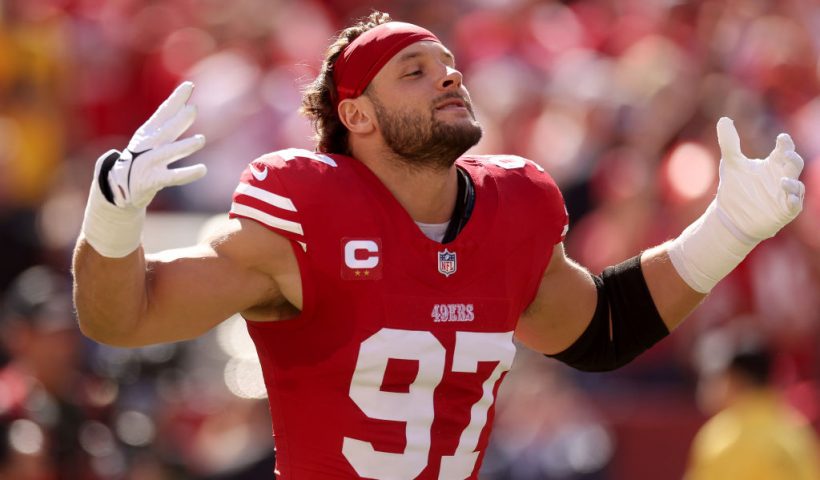 SANTA CLARA, CALIFORNIA - OCTOBER 20: Nick Bosa #97 of the San Francisco 49ers takes the field for their game against the Kansas City Chiefs at Levi's Stadium on October 20, 2024 in Santa Clara, California. (Photo by Ezra Shaw/Getty Images)