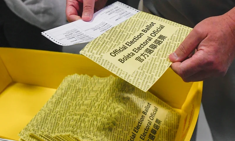 Poll workers demonstrate how ballots are are received, processed, scanned, and securely stored on Election Day at the Philadelphia Election Warehouse during a press tour by the Philadelphia City Commissioners on October 25, 2024 in Philadelphia, Pennsylvania. Unverified claims of ballot tampering have already been made in Pennsylvania and other states ahead of the November 5th general election. (Photo by Matthew Hatcher/Getty Images)