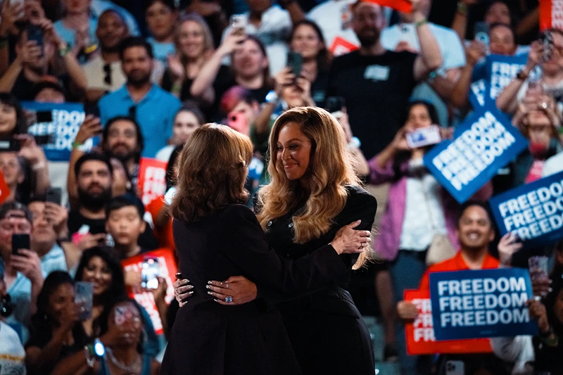 HOUSTON, TEXAS - OCTOBER 25: Democratic presidential nominee, Vice President Kamala Harris embraces singer Beyoncé at a campaign rally on October 25, 2024 in Houston, Texas. Harris is campaigning in Texas holding a rally supporting reproductive rights with recording artists Beyoncé and Willie Nelson. (Photo by Jordan Vonderhaar/Getty Images)