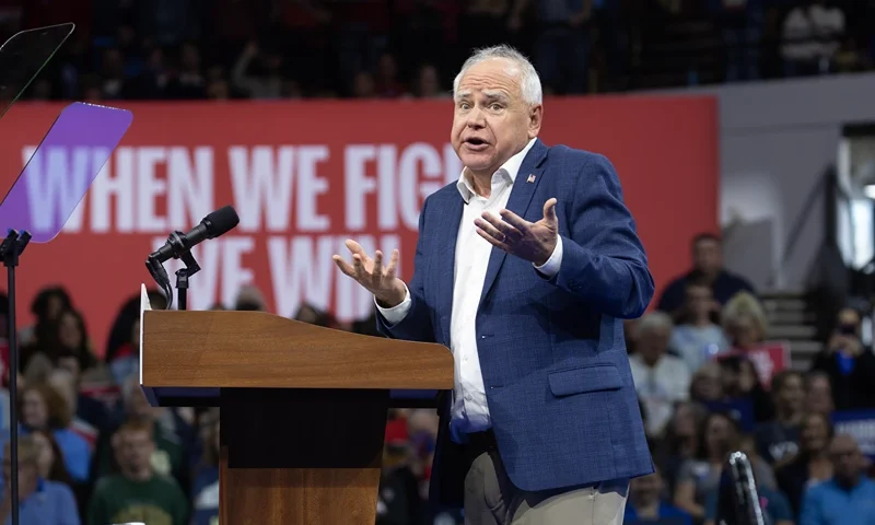 MADISON, WISCONSIN - OCTOBER 22: Democratic vice presidential nominee, Minnesota Gov. Tim Walz speaks at a get-out-the-vote rally on October 22, 2024 in Madison, Wisconsin. Wisconsin polls open today for in-person early voting. (Photo by Scott Olson/Getty Images)