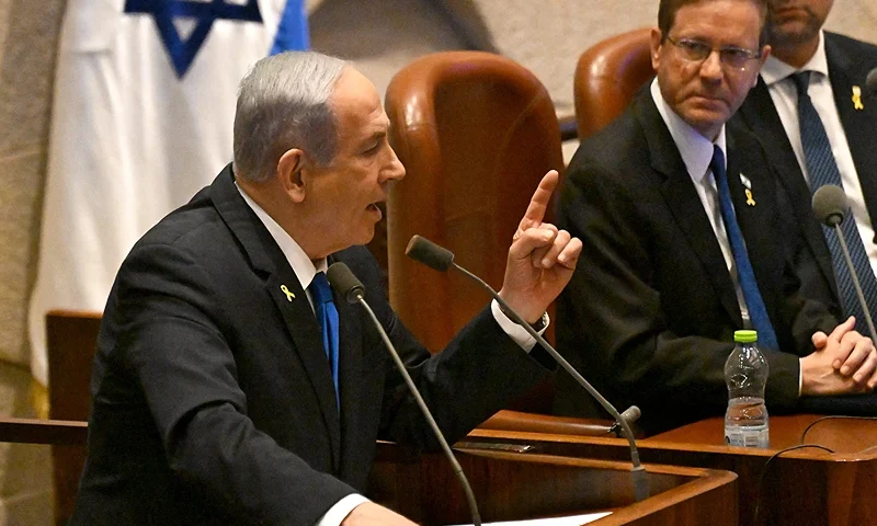 Israeli Prime Minister Benjamin Netanyahu speaks at the opening of the 25th Parliament session in Jerusalem on October 28, 2024. (Photo by DEBBIE HILL / POOL / AFP) (Photo by DEBBIE HILL/POOL/AFP via Getty Images)