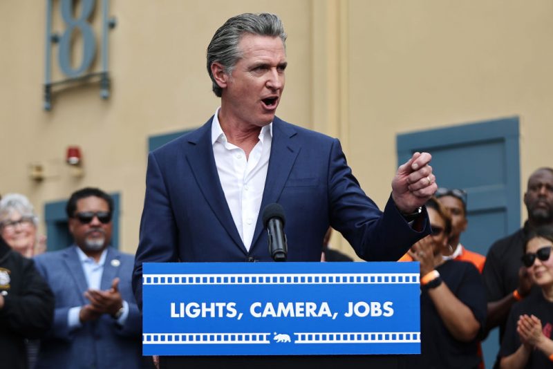 LOS ANGELES, CALIFORNIA - OCTOBER 27: California Governor Gavin Newsom speaks during a press conference at Raleigh Studios unveiling a vast expansion of California’s Film and Television Credit Program on October 27, 2024 in Los Angeles, California. Newsom and Los Angeles Mayor Karen Bass announced a proposal which would expand the program to $750 million annually, a major increase from the $330 million currently allocated, amid sluggish film and TV productions in Hollywood and across California. (Photo by Mario Tama/Getty Images)