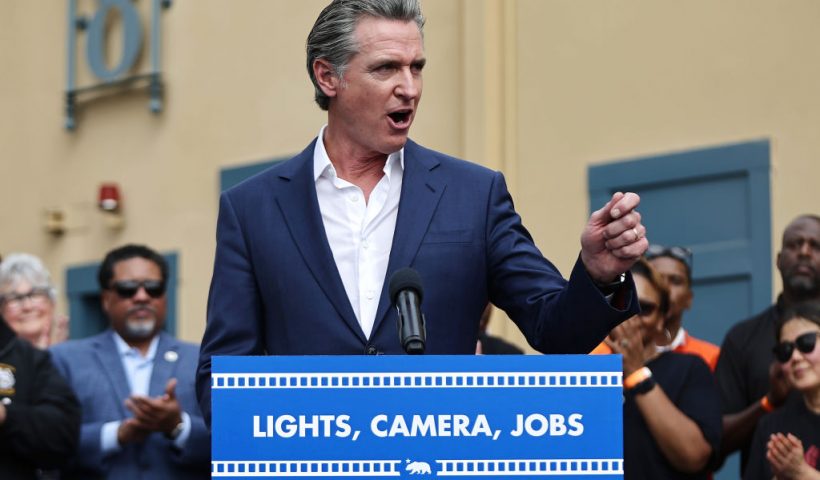 LOS ANGELES, CALIFORNIA - OCTOBER 27: California Governor Gavin Newsom speaks during a press conference at Raleigh Studios unveiling a vast expansion of California’s Film and Television Credit Program on October 27, 2024 in Los Angeles, California. Newsom and Los Angeles Mayor Karen Bass announced a proposal which would expand the program to $750 million annually, a major increase from the $330 million currently allocated, amid sluggish film and TV productions in Hollywood and across California. (Photo by Mario Tama/Getty Images)