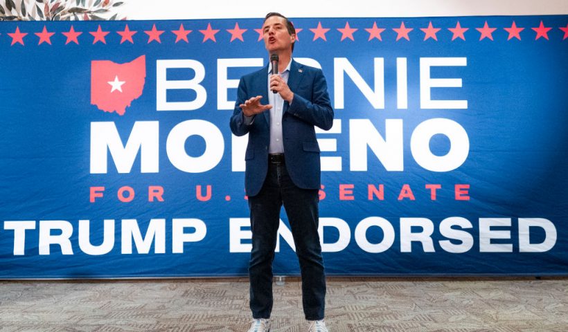 BRECKSVILLE, OHIO - NOVEMBER 4: Republican nominee for U.S. Senate Bernie Moreno addresses supporters at Brecksville Community Center on November 4, 2024 in Brecksville, Ohio. Moreno is making the final stops of his campaign before Election Day tomorrow. (Photo by Stephen Maturen/Getty Images)