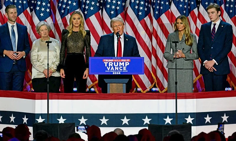 Former US President and Republican presidential candidate Donald Trump speaks during an election night event at the West Palm Beach Convention Center in West Palm Beach, Florida, on November 6, 2024. Republican former president Donald Trump closed in on a new term in the White House early November 6, 2024, just needing a handful of electoral votes to defeat Democratic Vice President Kamala Harris. (Photo by Jim WATSON / AFP) (Photo by JIM WATSON/AFP via Getty Images)