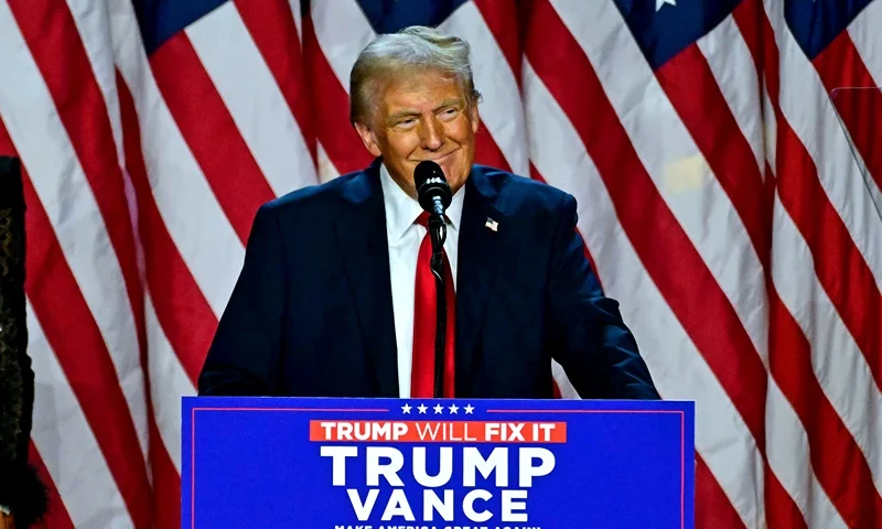 TOPSHOT - Former US President and Republican presidential candidate Donald Trump speaks during an election night event at the West Palm Beach Convention Center in West Palm Beach, Florida, on November 6, 2024. Republican former president Donald Trump closed in on a new term in the White House early November 6, 2024, just needing a handful of electoral votes to defeat Democratic Vice President Kamala Harris. (Photo by Jim WATSON / AFP) (Photo by JIM WATSON/AFP via Getty Images)