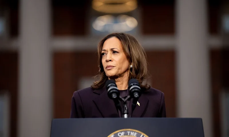 WASHINGTON, DC - NOVEMBER 06: Democratic presidential nominee, U.S. Vice President Kamala Harris pauses while speaking on stage as she concedes the election, at Howard University on November 06, 2024 in Washington, DC. After a contentious campaign focused on key battleground states, the Republican presidential nominee, former U.S. President Donald Trump was projected to secure the majority of electoral votes, giving him a second term as U.S. President. Republicans also secured control of the Senate for the first time in four years. (Photo by Andrew Harnik/Getty Images)