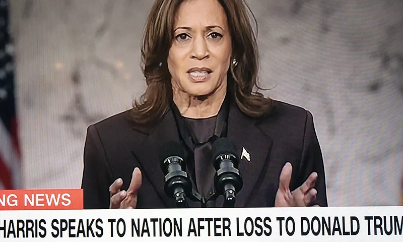 On a stage surrounded by American flags, Vice President Kamala Harris she concedes defeat to Donald Trump, pledges to cooperate in the transfer of the pro and reaffirms the democratic values carried by her campaign, pledging to continue defending them for the future. CNN is broadcasting live the first public appearance of candidate Kamala Harris in the presence of her close friends and campaign team in front of her supporters on the campus of Howard University in Washington DC on Wednesday, November 6, 2024, her first public appearance since Donald Trump s victory. (Photo by Laurent Caron / Hans Lucas / Hans Lucas via AFP) (Photo by LAURENT CARON/Hans Lucas/AFP via Getty Images)