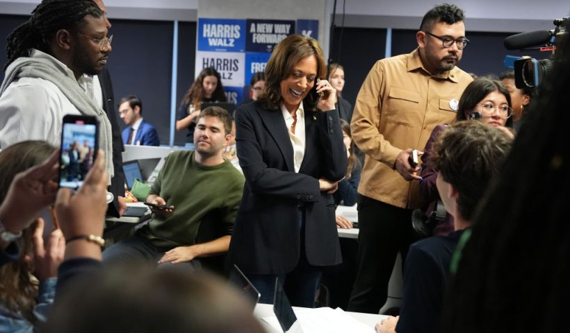 WASHINGTON, DC - NOVEMBER 05: Democratic presidential nominee Vice President Kamala Harris drops by a phone bank event at the Democratic National Committee headquarters on Election Day November 05, 2024 in Washington, DC. Americans cast their ballots today in the presidential race between Republican nominee former President Donald Trump and Harris, as well as multiple state elections that will determine the balance of power in Congress. (Photo by Andrew Harnik/Getty Images)
