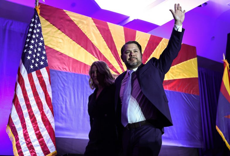 PHOENIX, ARIZONA - NOVEMBER 05: Arizona Democratic U.S. Senate candidate, Rep. Ruben Gallego (D-AZ) walks offstage with wife Sydney after speaking at an Arizona Democratic election night watch party on November 5, 2024 in Phoenix, Arizona. Americans cast their ballots today in the presidential race between Republican nominee former President Donald Trump and Democratic nominee Vice President Kamala Harris, as well as multiple state elections that will determine the balance of power in Congress. (Photo by Mario Tama/Getty Images)