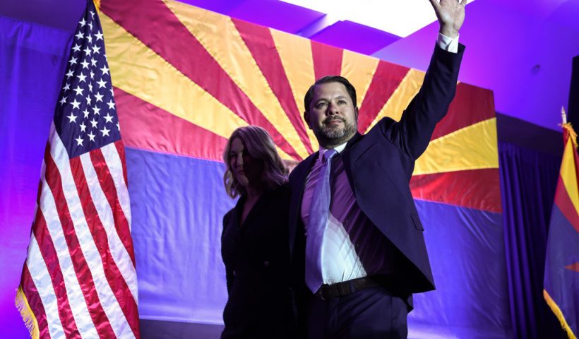 PHOENIX, ARIZONA - NOVEMBER 05: Arizona Democratic U.S. Senate candidate, Rep. Ruben Gallego (D-AZ) walks offstage with wife Sydney after speaking at an Arizona Democratic election night watch party on November 5, 2024 in Phoenix, Arizona. Americans cast their ballots today in the presidential race between Republican nominee former President Donald Trump and Democratic nominee Vice President Kamala Harris, as well as multiple state elections that will determine the balance of power in Congress. (Photo by Mario Tama/Getty Images)