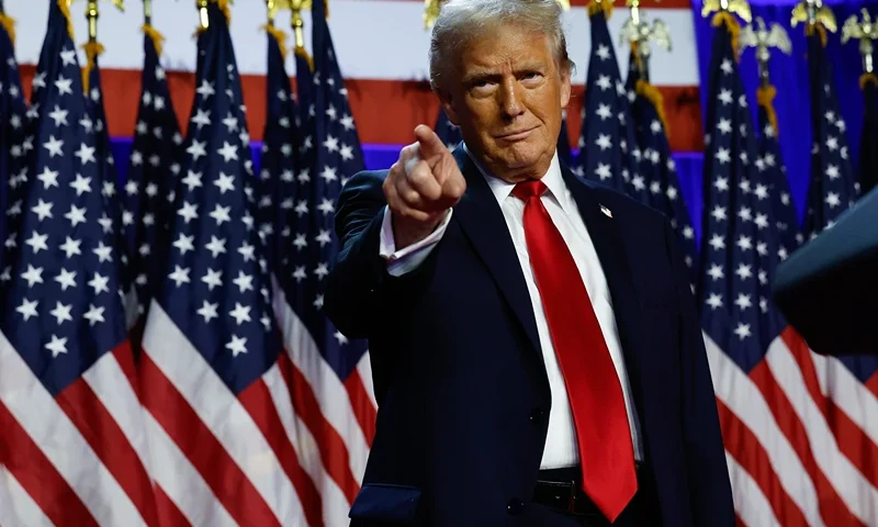 WEST PALM BEACH, FLORIDA - NOVEMBER 06: Republican presidential nominee, former U.S. President Donald Trump arrives to speak during an election night event at the Palm Beach Convention Center on November 06, 2024 in West Palm Beach, Florida. Americans cast their ballots today in the presidential race between Republican nominee former President Donald Trump and Vice President Kamala Harris, as well as multiple state elections that will determine the balance of power in Congress. (Photo by Chip Somodevilla/Getty Images)