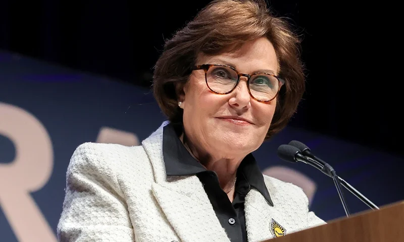 LAS VEGAS, NEVADA - NOVEMBER 06: U.S. Sen. Jacky Rosen (D-NV) speaks to supporters at the Nevada Democratic Party's election results watch party at Aria Resort & Casino early on November 06, 2024 in Las Vegas, Nevada. On November 05, voters cast their ballots to determine whether Democratic presidential nominee and U.S. Vice President Kamala Harris or Republican presidential nominee and former U.S. President Donald Trump will become the next President of the United States as well as multiple state elections that will determine the balance of power in Congress. (Photo by Ethan Miller/Getty Images)