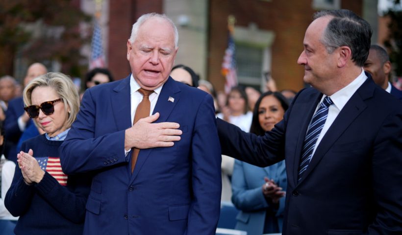 WASHINGTON, DC - NOVEMBER 06: (L-R) Minnesota first lady Gwen Walz, Democratic vice presidential nominee, Minnesota Gov. Tim Walz, and Second gentleman Doug Emhoff react after Democratic presidential nominee, U.S. Vice President Kamala Harris conceded the election in a speech at Howard University on November 06, 2024 in Washington, DC. After a contentious campaign focused on key battleground states, the Republican presidential nominee, former U.S. President Donald Trump was projected to secure the majority of electoral votes, giving him a second term as U.S. President. Republicans also secured control of the Senate for the first time in four years. (Photo by Andrew Harnik/Getty Images)